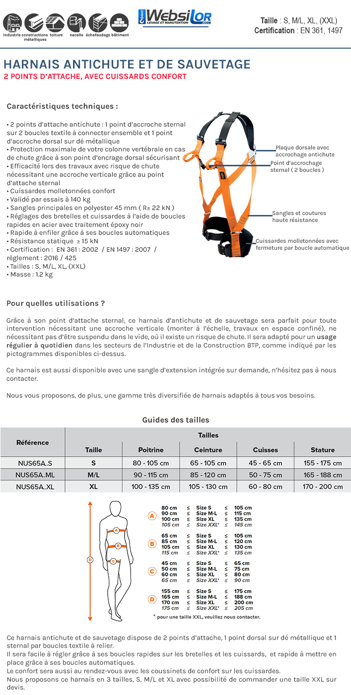 Informations technique de Harnais antichute, de sauvetage - 2 points d’attache, avec cuissardes confort
